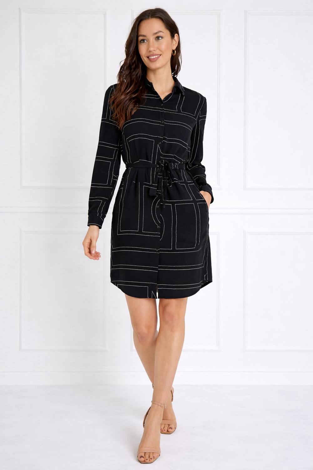Love Sunshine Black Geometric Print Belted Mini Shirt Dress