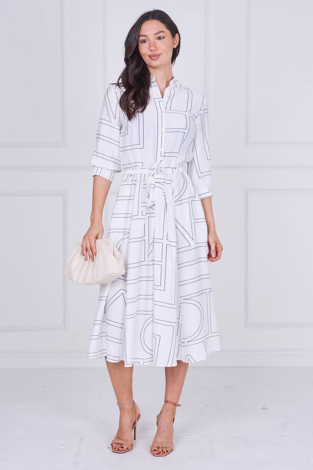 Love Sunshine White Contemporary Line Print Shirt Dress