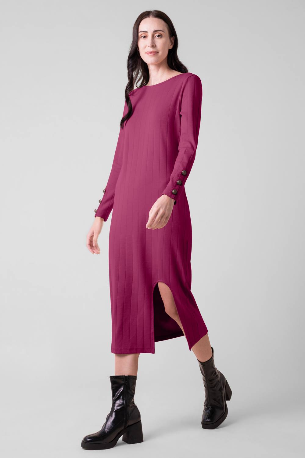 Enorsia Ruched Button Decor Long Sleeve Tunic Dress In Red