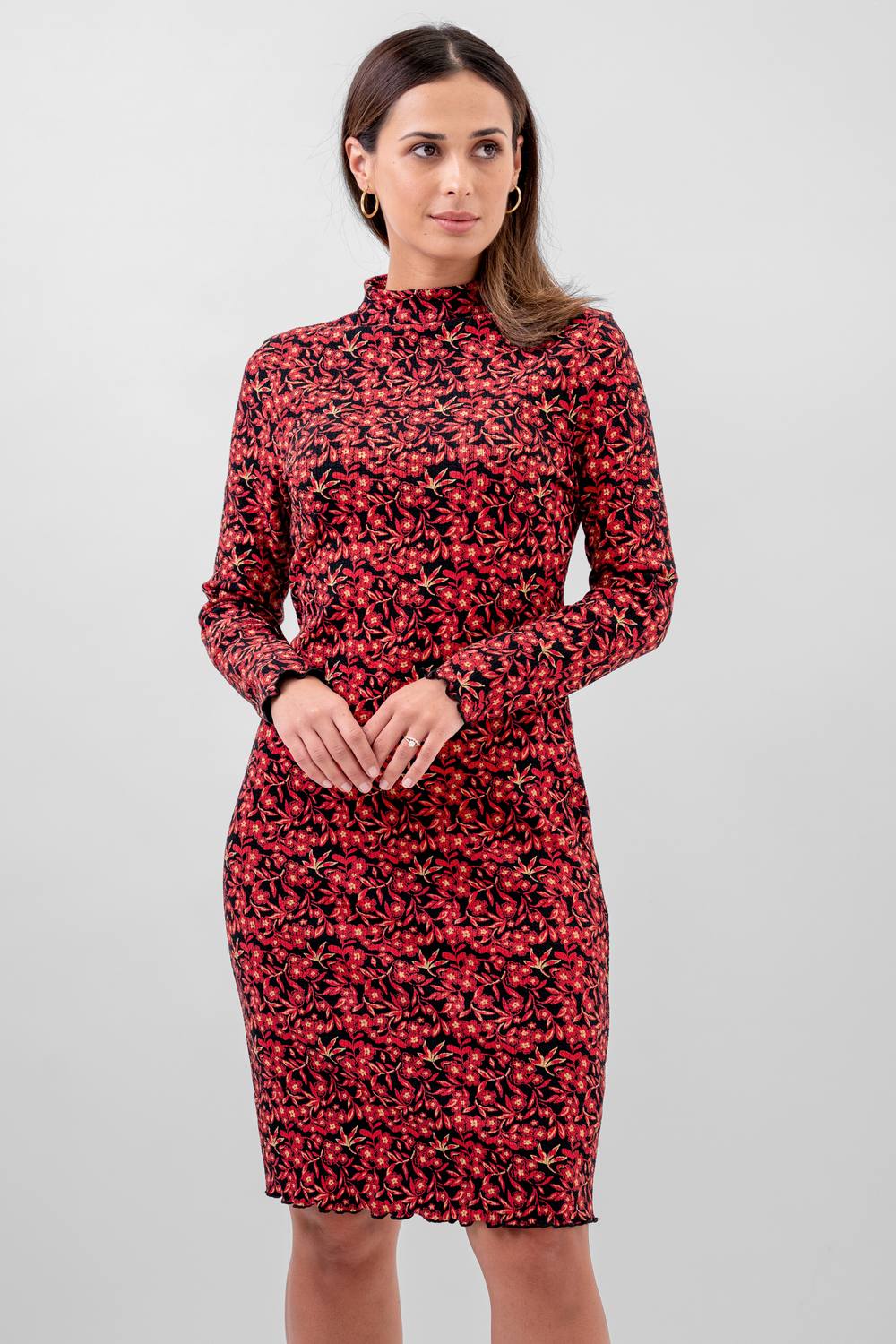 Enorsia Floral Long Sleeve Jersey Mini Dress In Black