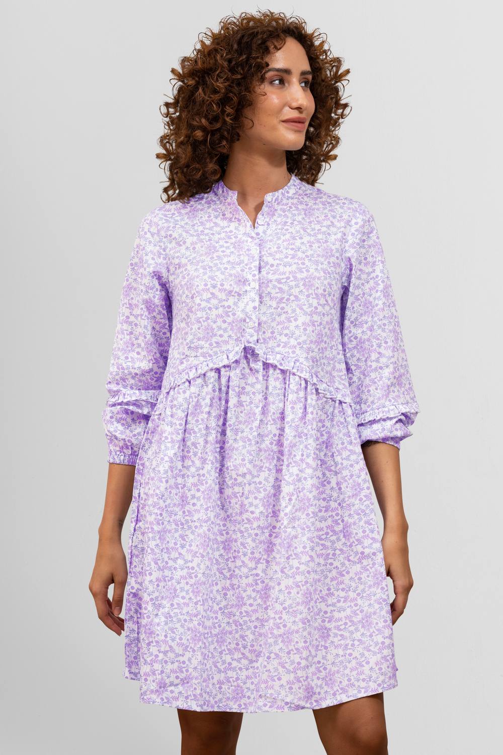 Enorsia Ditsy Print Long Sleeve Gathered Waist Mini Dress In Purple