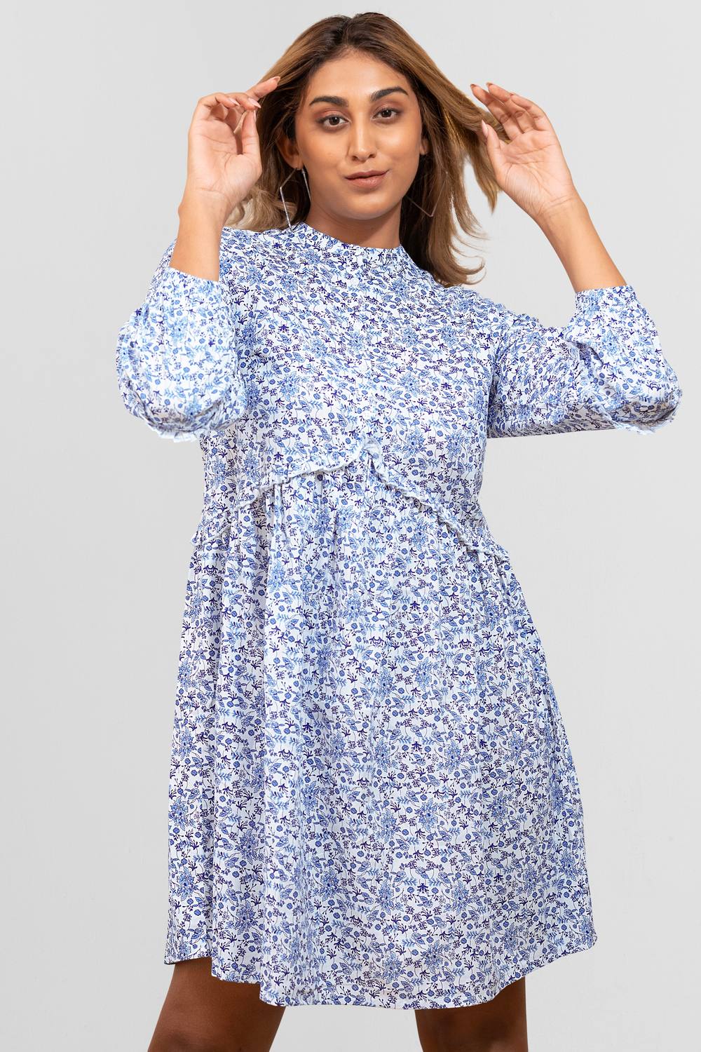 Enorsia Ditsy Print Long Sleeve Gathered Waist Mini Dress In Blue