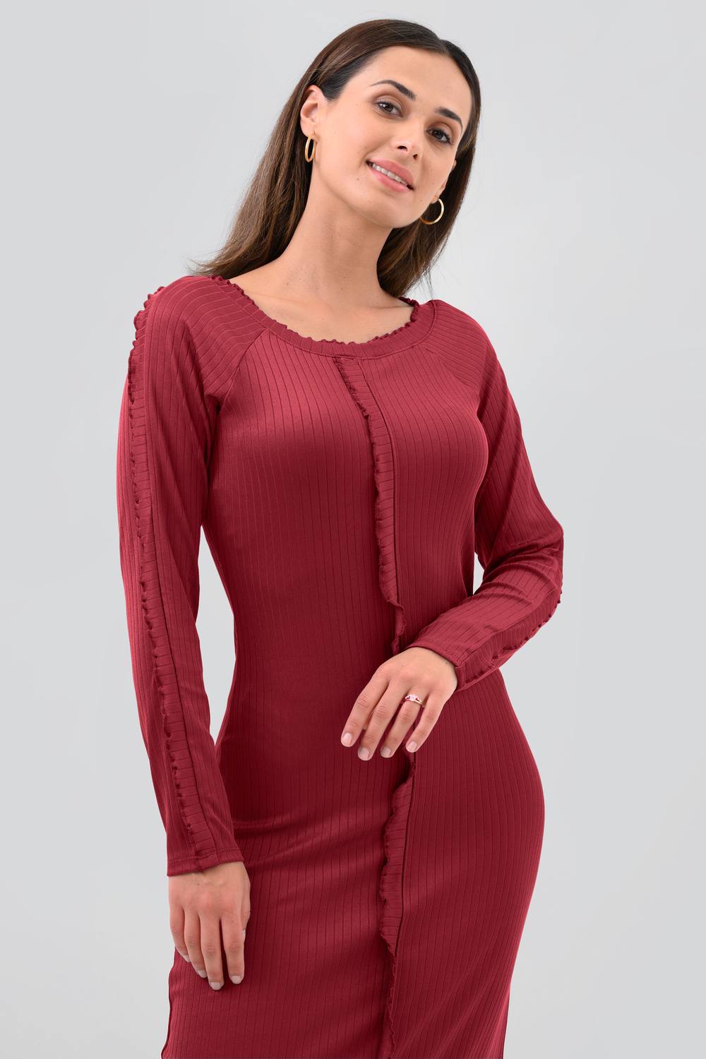 Enorsia Lettuce Premium Rib Jersey Midi Dress In Red