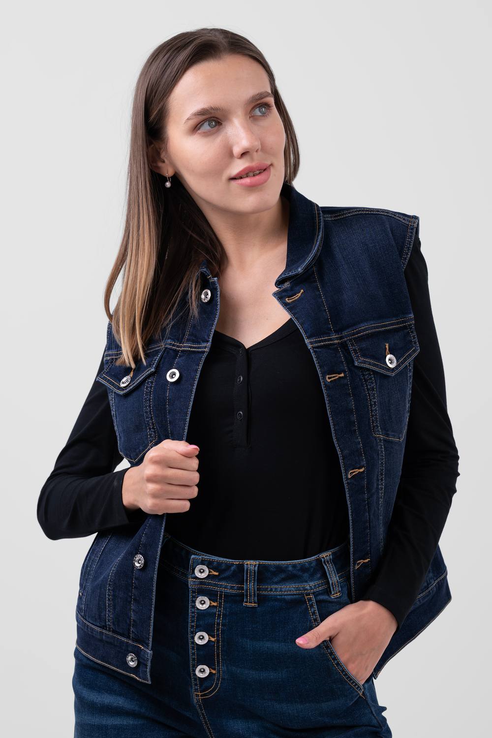Enorsia Sleeveless Button Up Denim Jacket In Blue