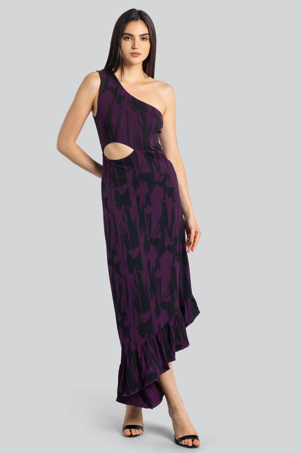 Enorsia Asymmetric Ruffle Jersey Dress In Purple