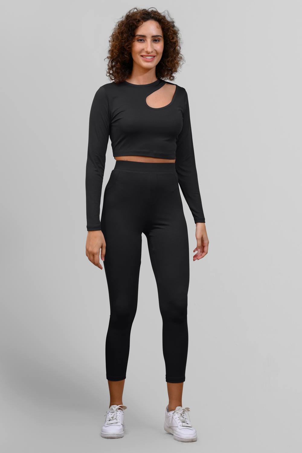 Enorsia Ribbed Crop Top & High Waist Leggings Set In Black
