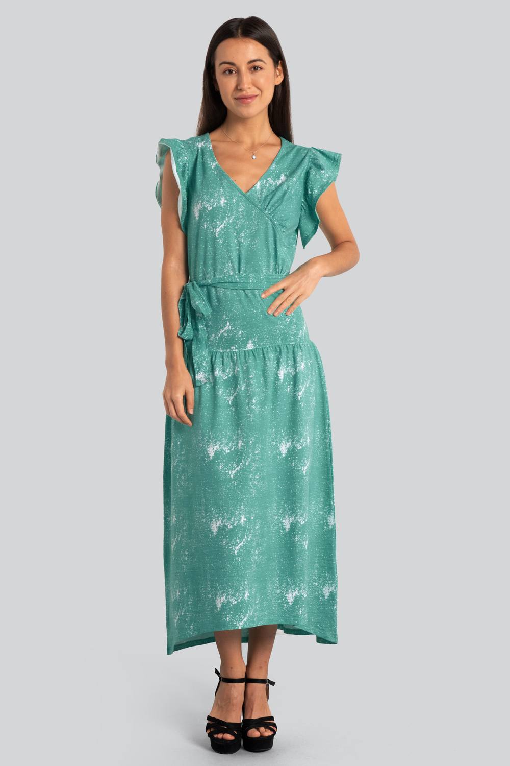 Enorsia Frill Sleeve Asymmetric Jersey Midi Dress In Blue