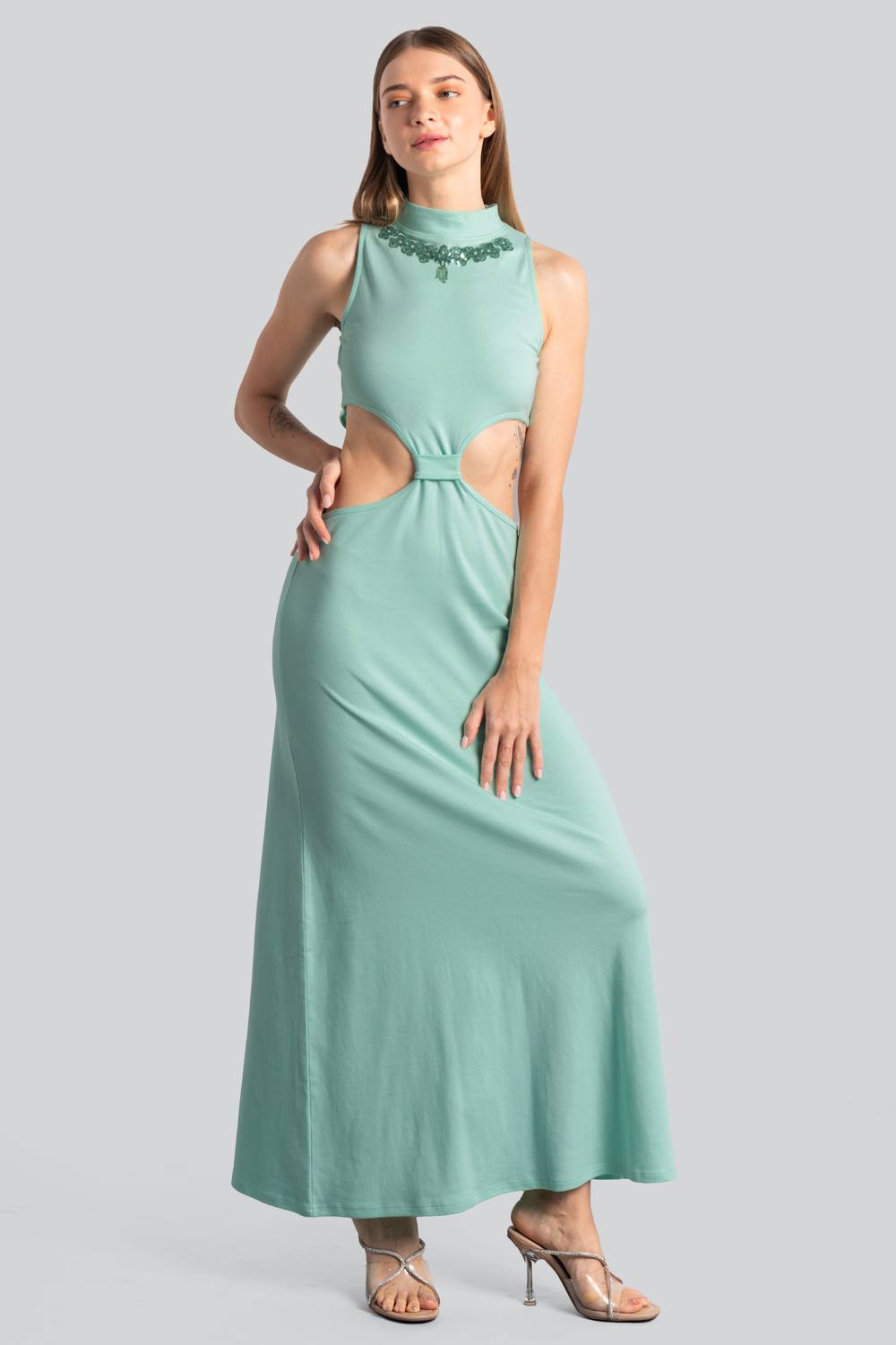 Enorsia Sequin Embroidered Maxi Jersey Dress In Green