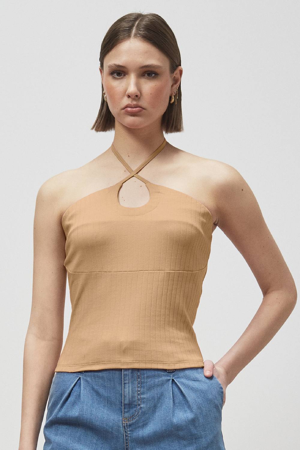 Enorsia Halter Neck Ribbed Cami Vest Top In Cream