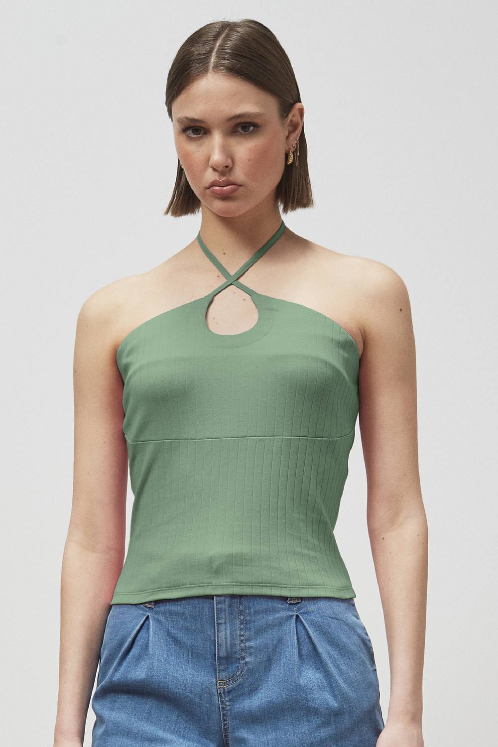 Enorsia Halter Neck Ribbed Cami Vest Top In Green