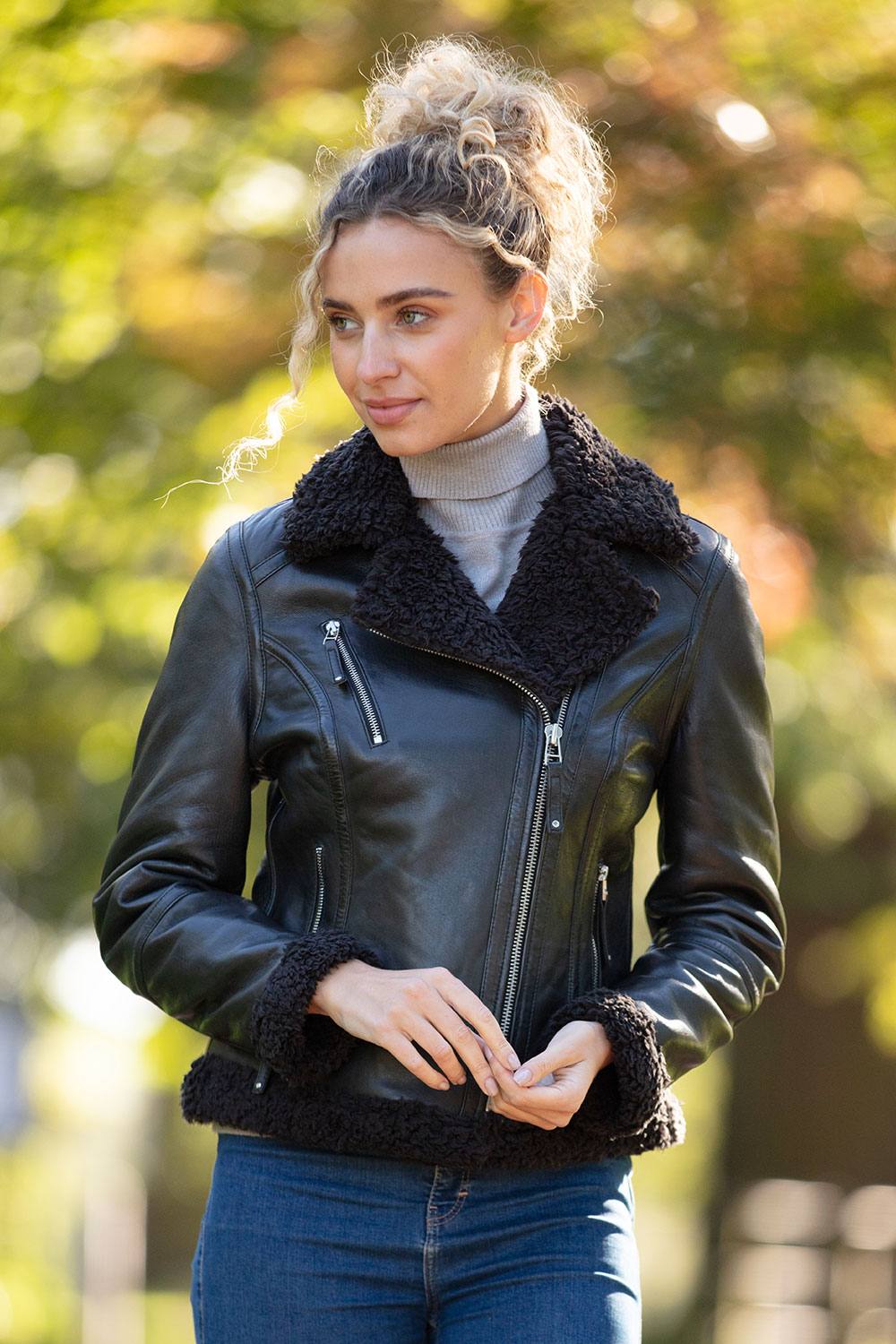 Ashwood Leather '' Ladies Leather Biker Jacket With Faux Fur In Black