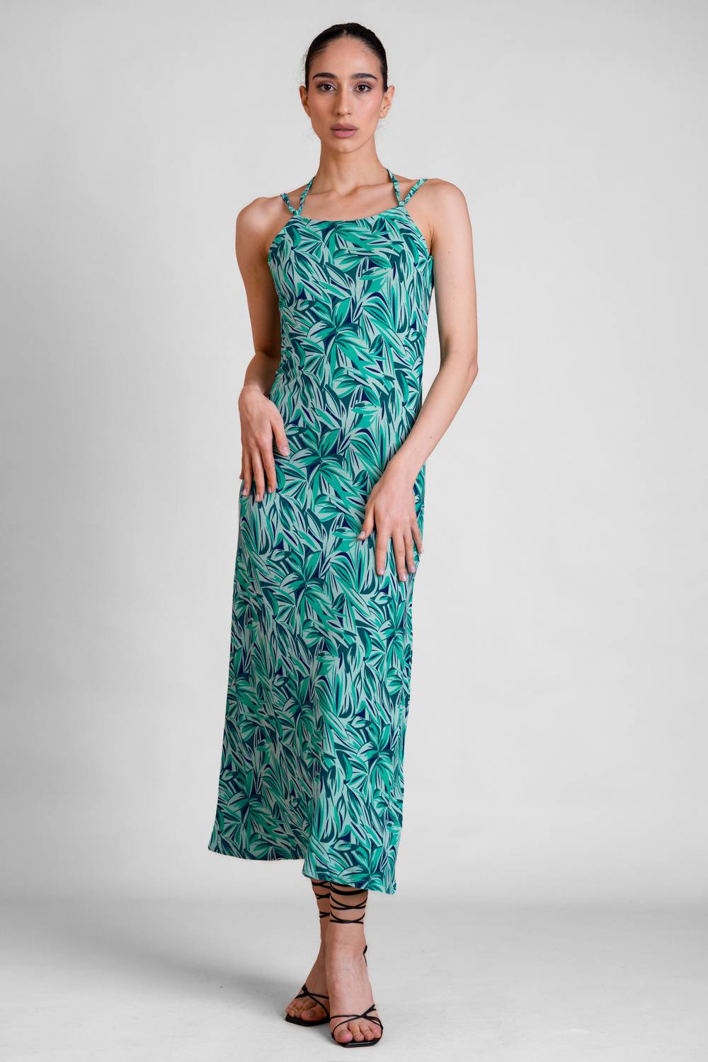 Enorsia Leaf Floral Strappy Cami Slip Jersey Dress In Blue