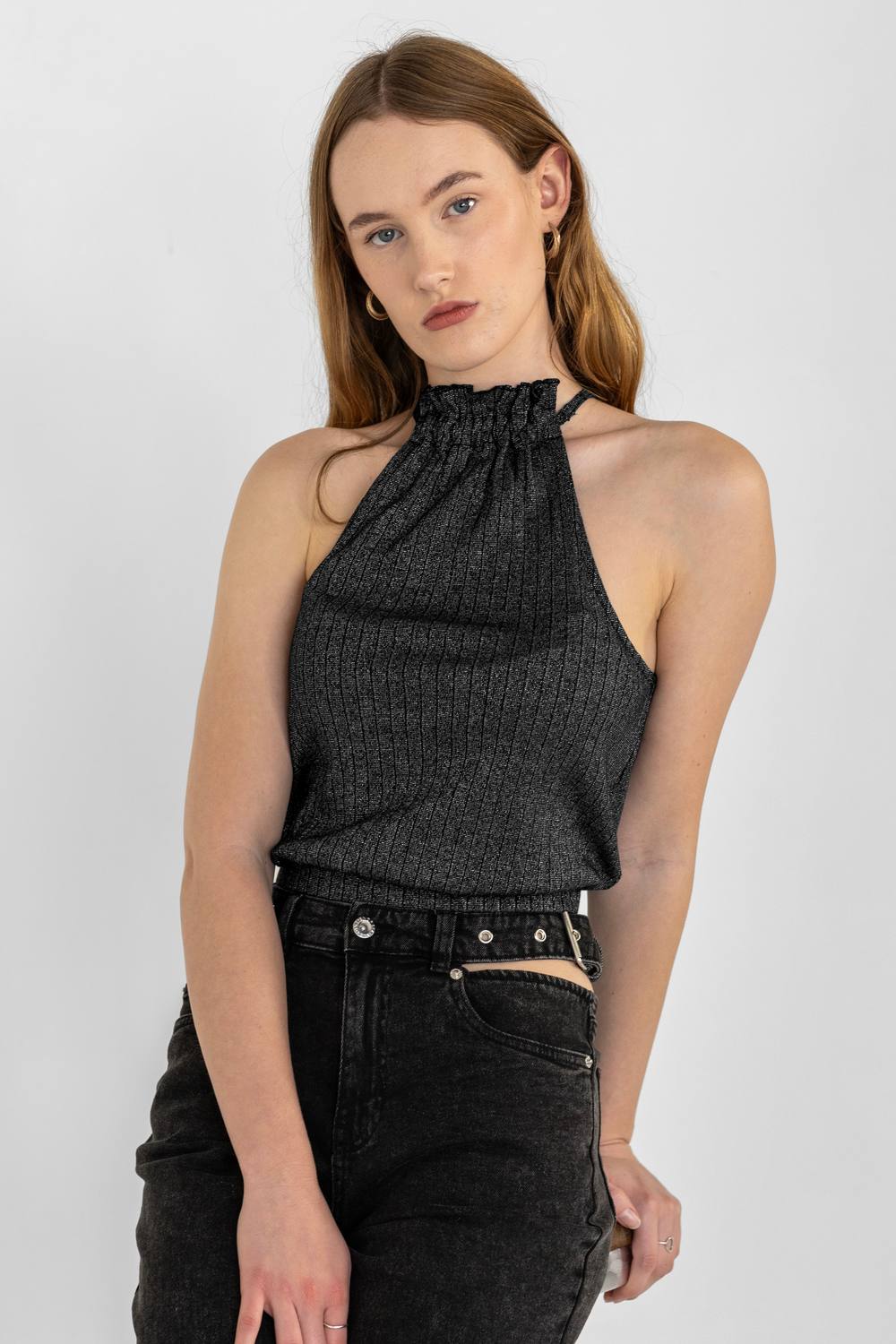 Enorsia Halter Neck Bow Details Crop Top In Black