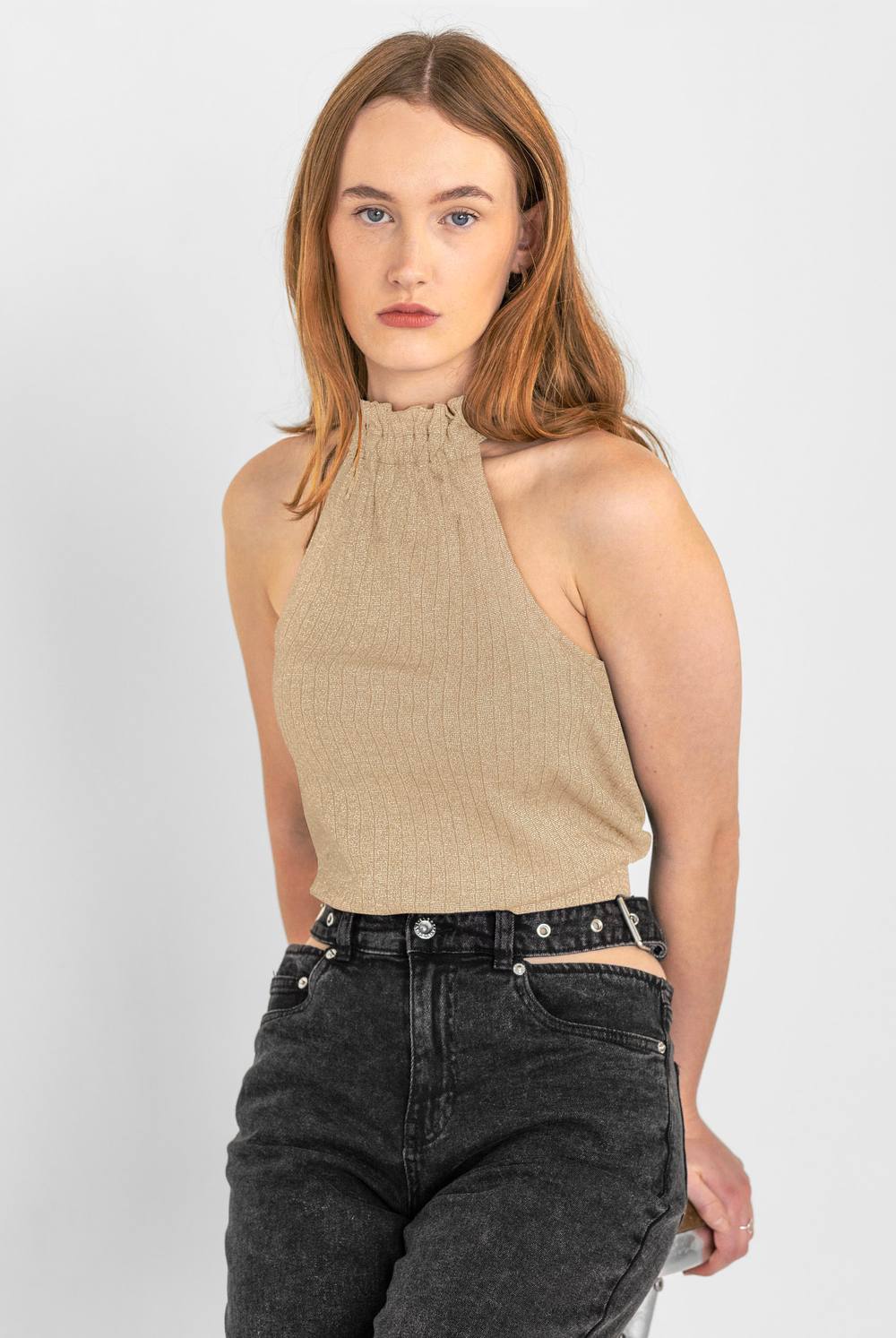 Enorsia Halter Neck Bow Details Crop Top In Cream