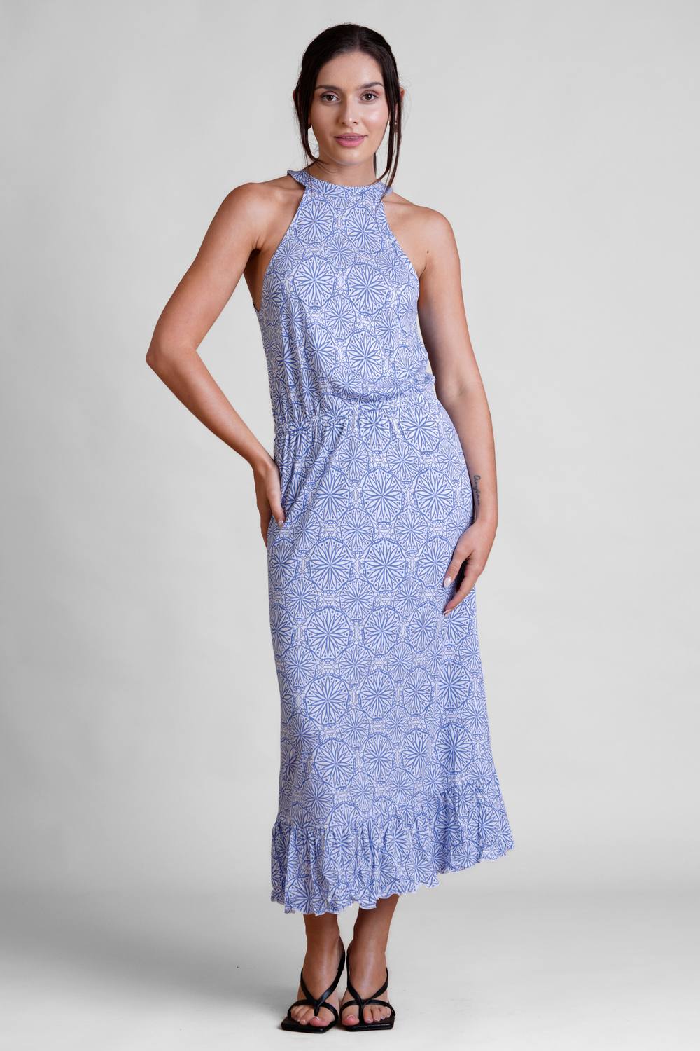 Enorsia Halter Neck Tiered Jersey Midi Dress In Blue