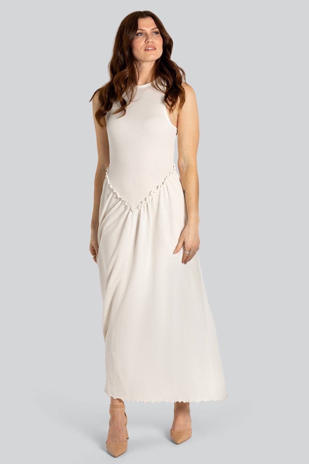 Enorsia Frill Detail Sleeveless Jersey Maxi Dress In Off White