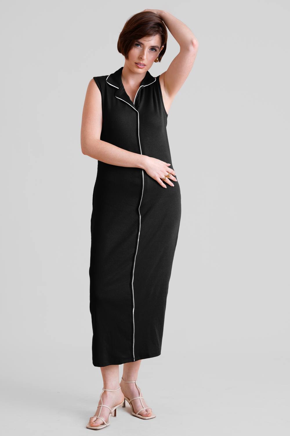 Enorsia Tipped Tailored Rib Jersey Midi Dress In Black