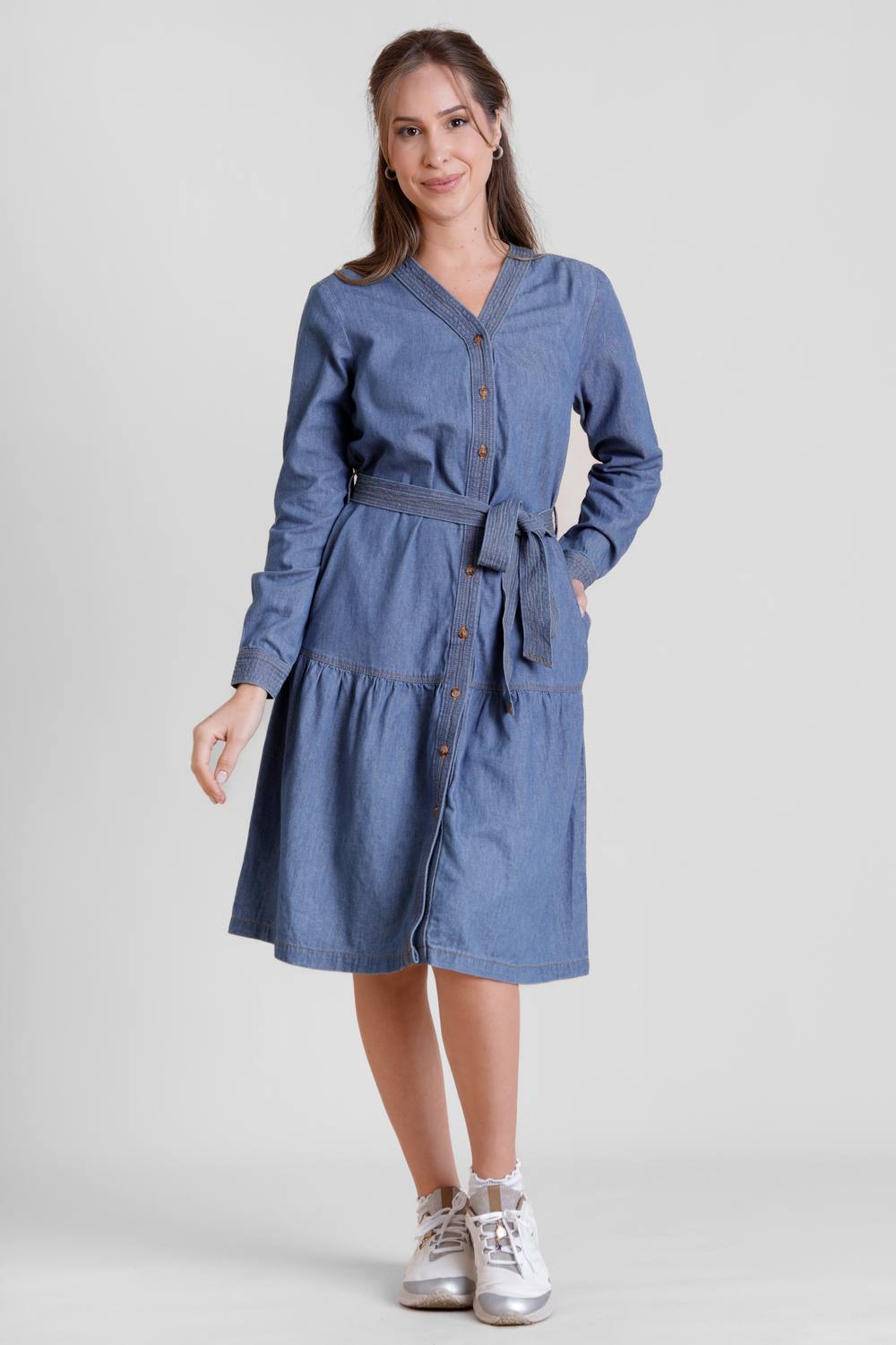 Enorsia Light Blue Denim Tiered Midi Dress