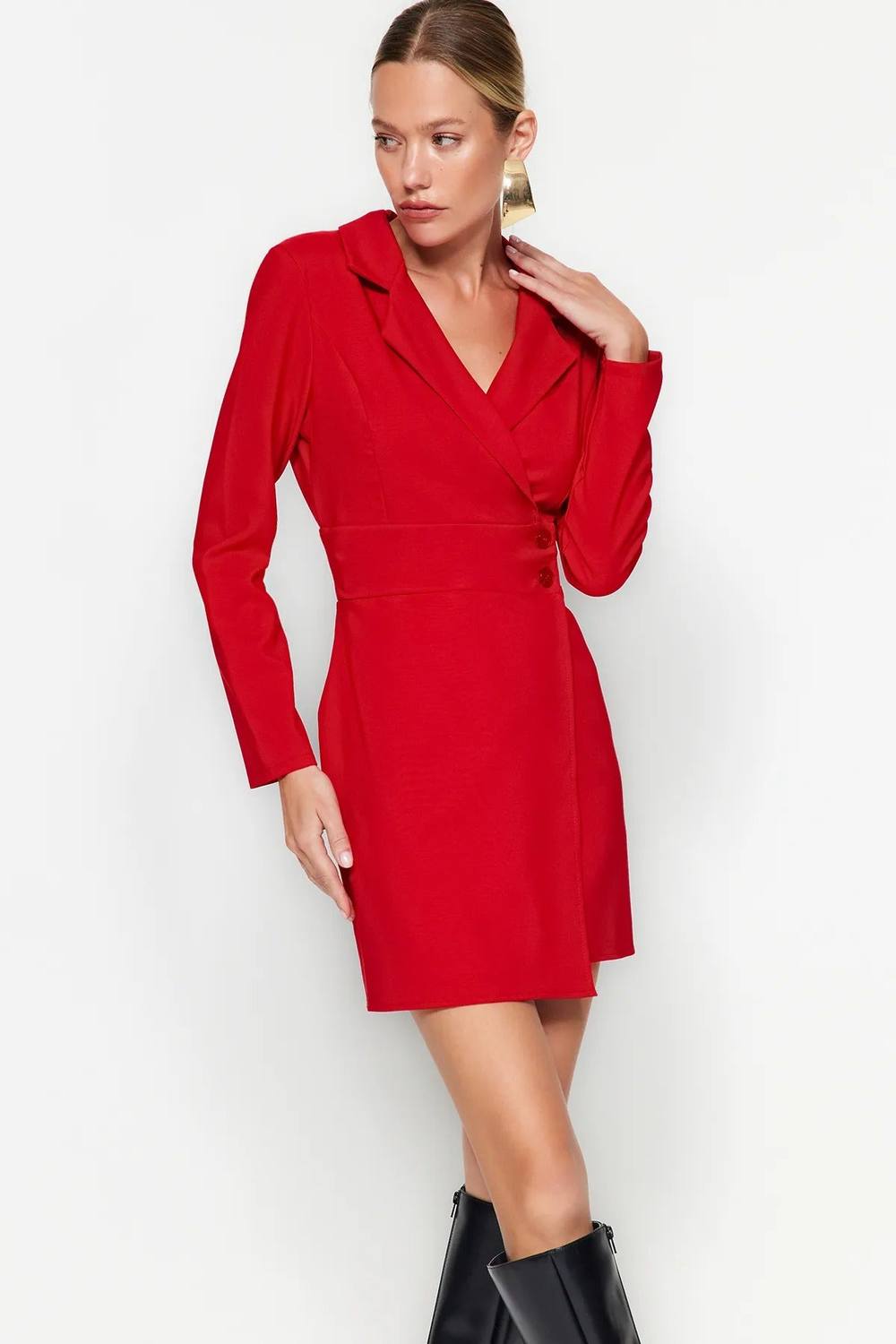 Hoxton Gal Tailored Woven Mini Blazer V Neck Dress With Button Detail