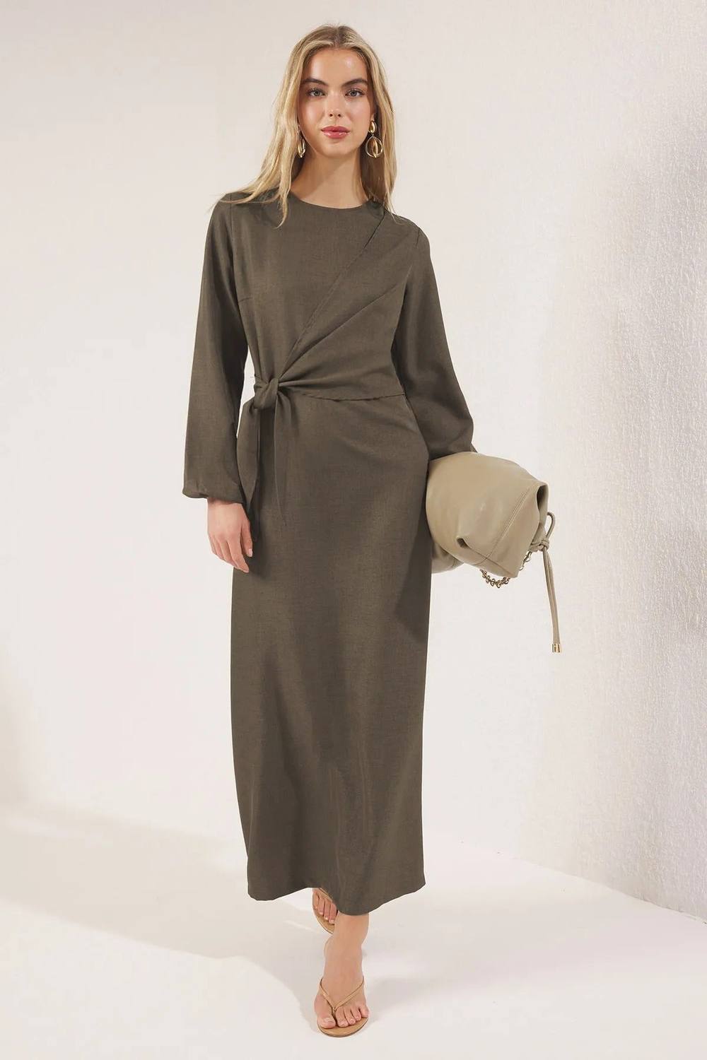 Hoxton Gal Linen Look Long Sleeve Maxi Dress With Waist Tie Detail In Khaki