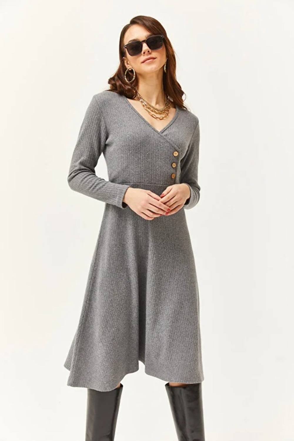 Hoxton Gal Knit V-Neck Midi A-Line Dress With Button Detail In Grey