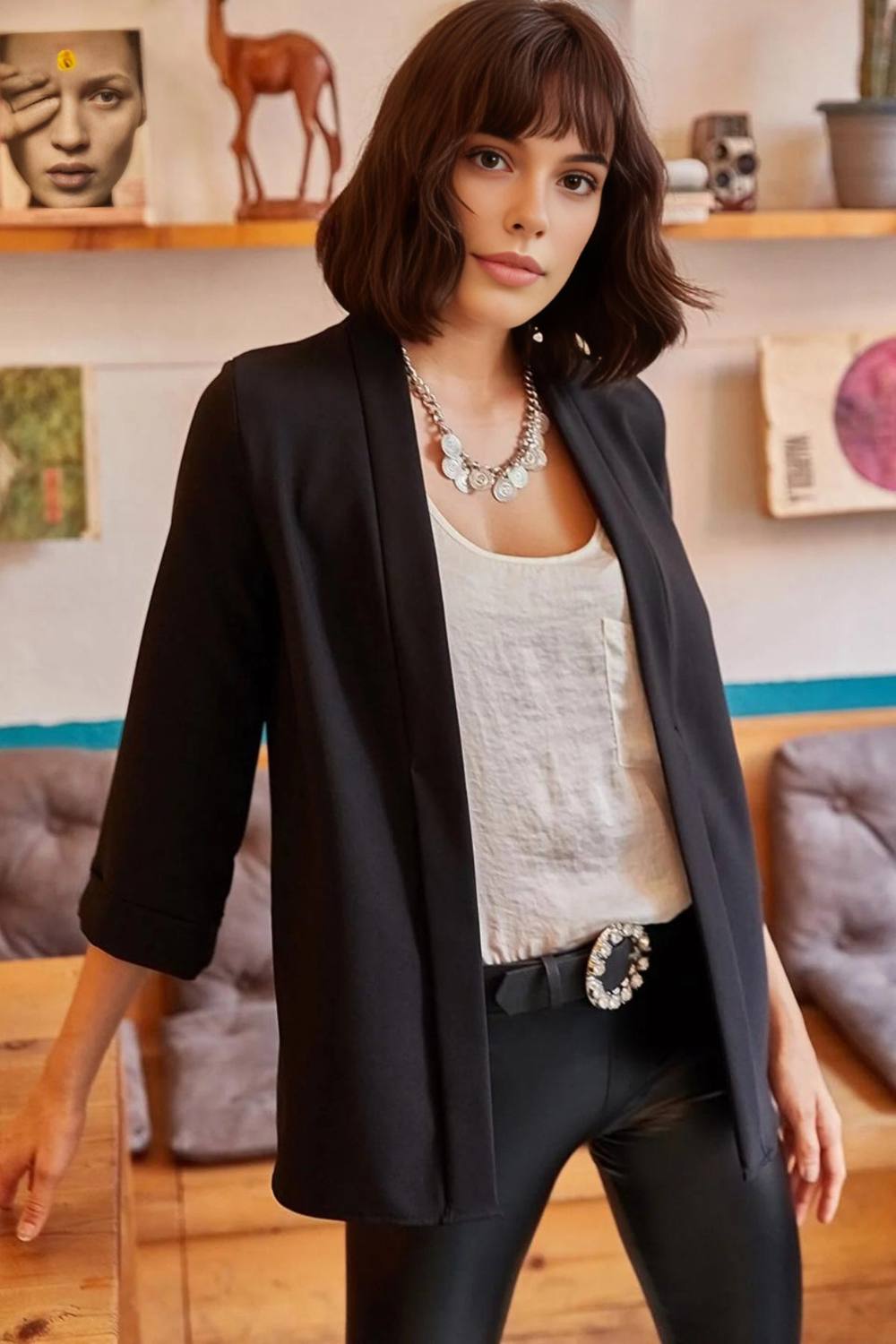Hoxton Gal Regular Fit Satin Shawl Collar Blazer Jacket With Sleeve In Black