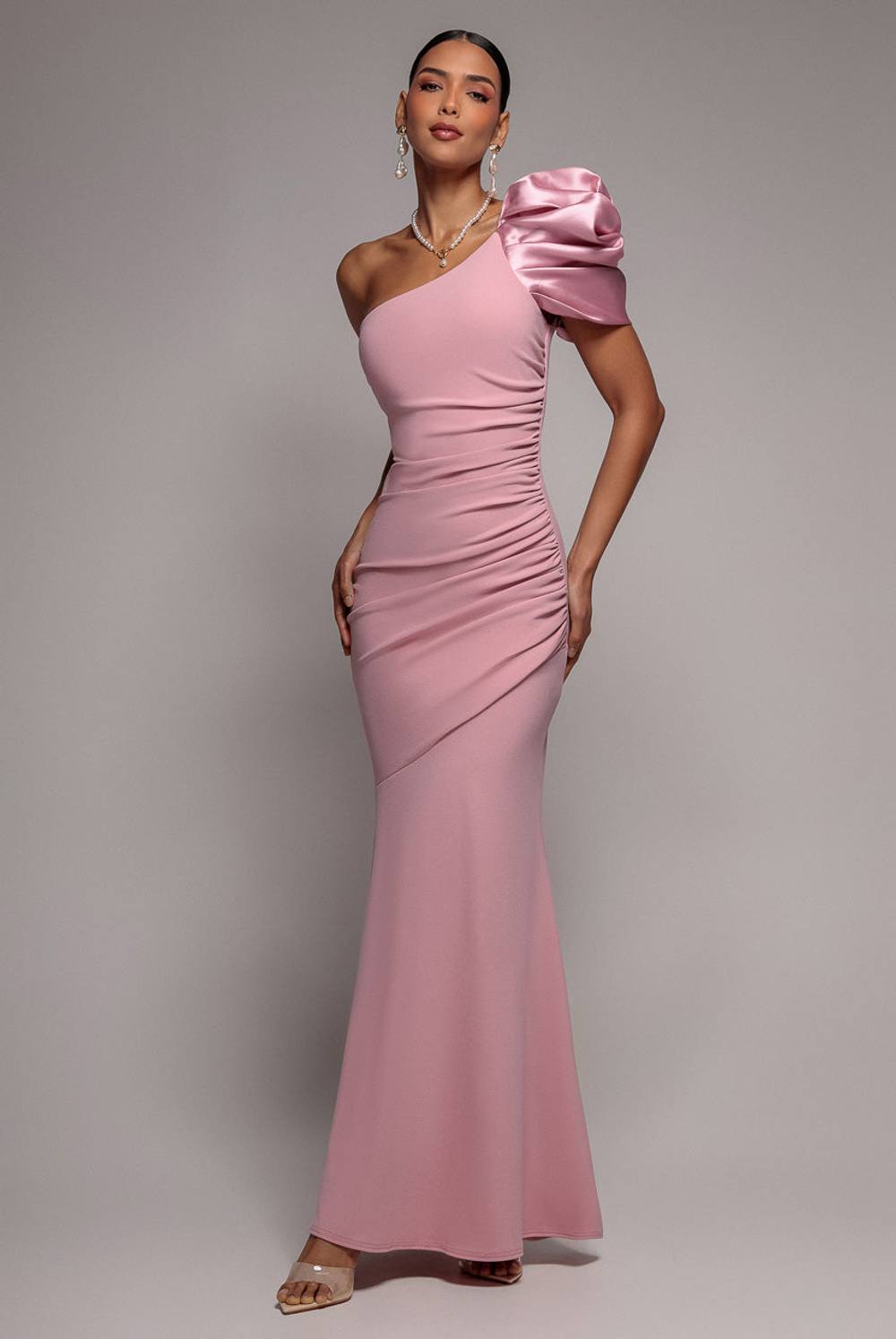 Goddiva One Shoulder Puffed Satin Sleeve Evening Maxi Dress In Light Pink