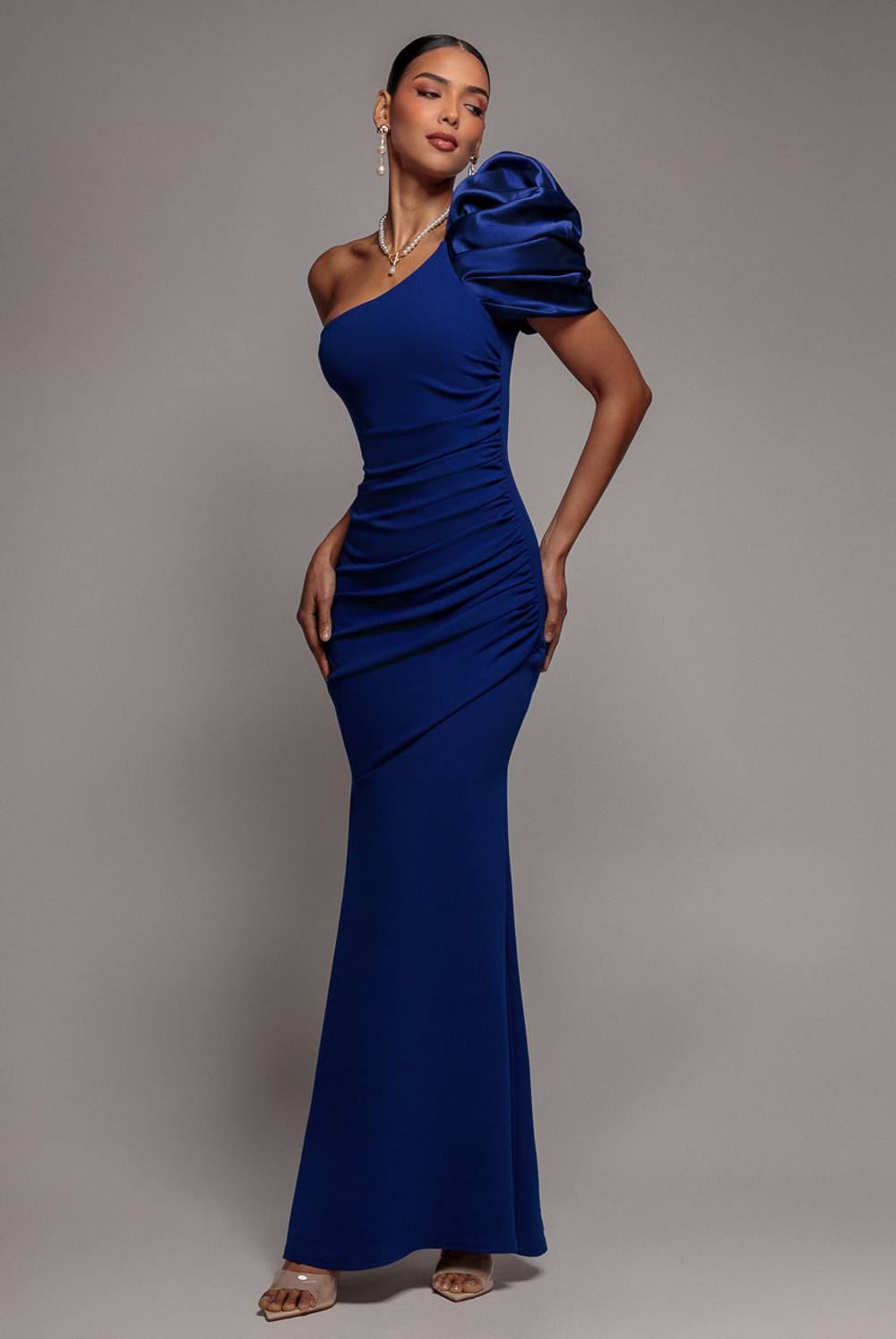 Goddiva One Shoulder Puffed Satin Sleeve Evening Maxi Dress In Royal