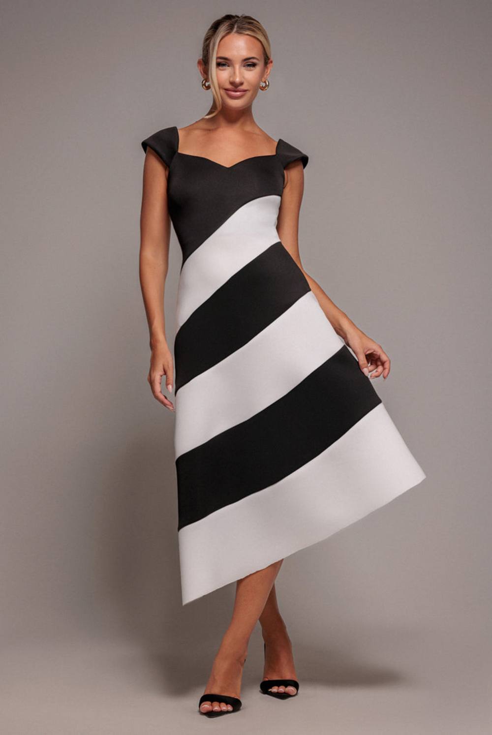 Goddiva Striped Contrast Asymmetric Midi Dress