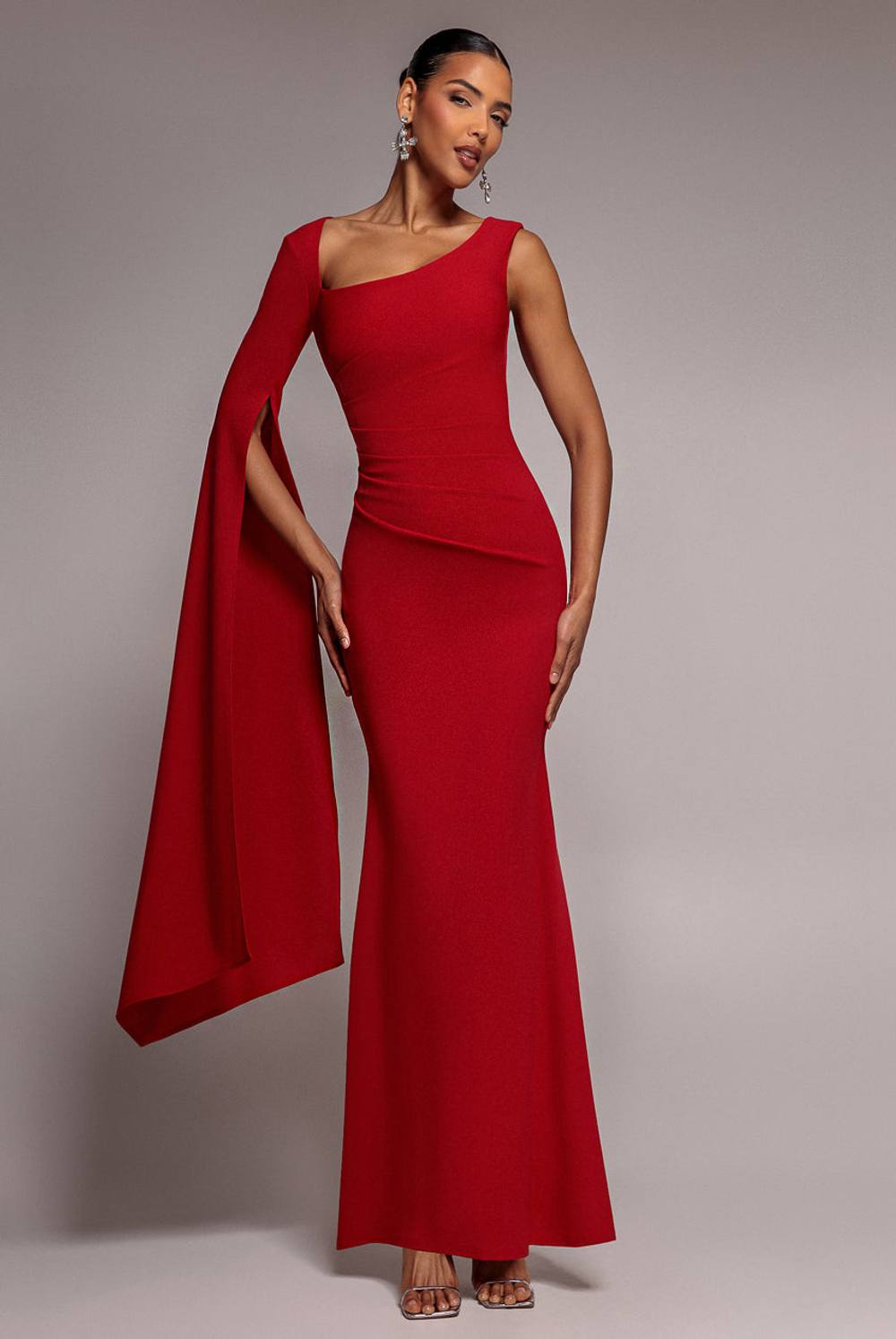 Goddiva One Shoulder Cape Sleeve Maxi Dress In Red