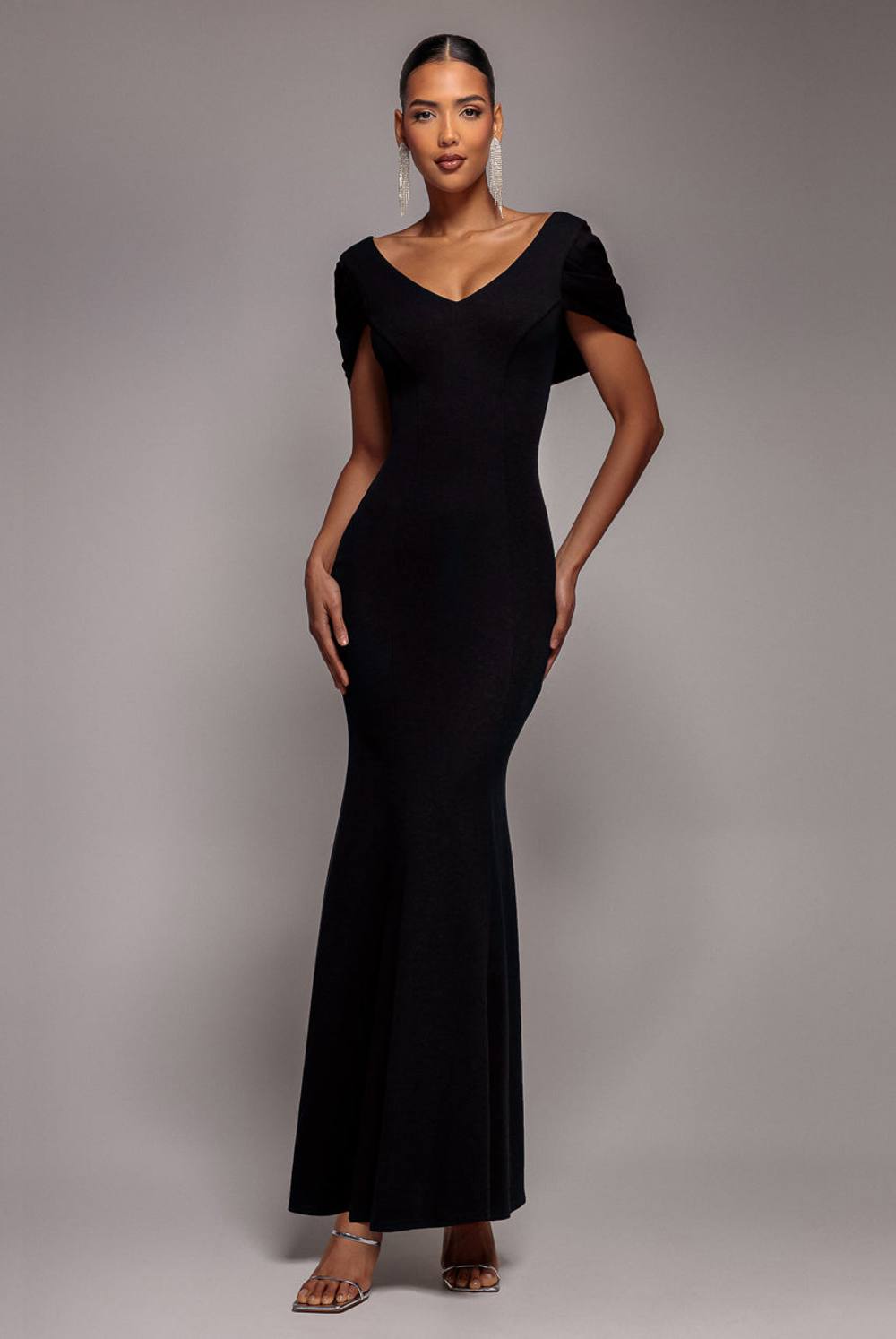 Goddiva V Neck Cowl Back Pleated Sleeve Scuba Maxi Dress In Black
