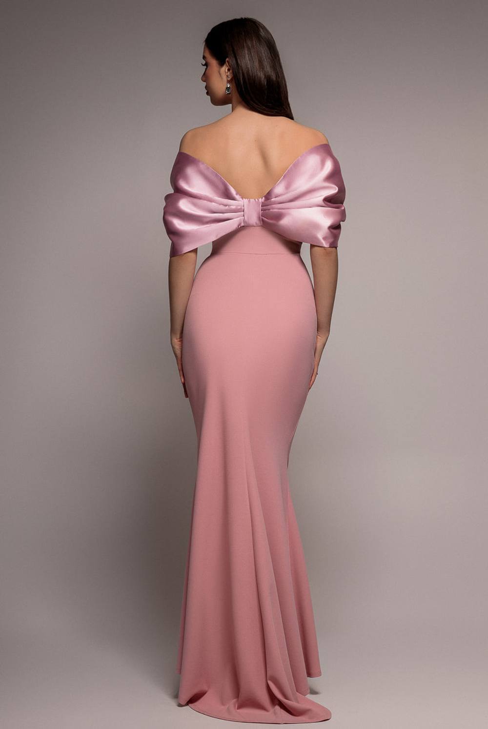 Goddiva Off Shoulder Back Satin Bow Scuba Maxi Dress In Light Pink