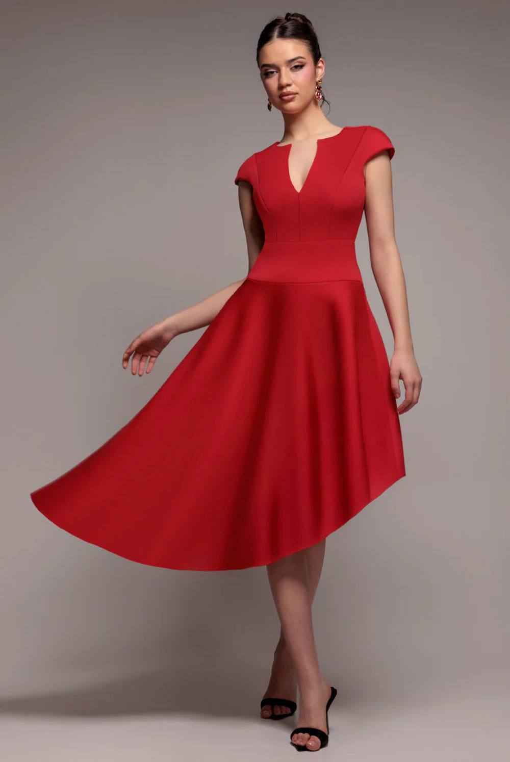 Goddiva Cap Sleeve Skater High Low Midi Dress In Red