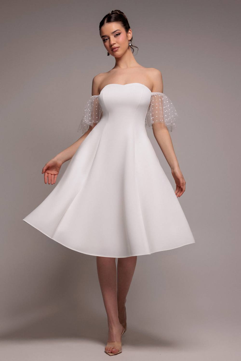 Goddiva Scuba & Polka Mesh Off The Shoulder Midi Dress In White