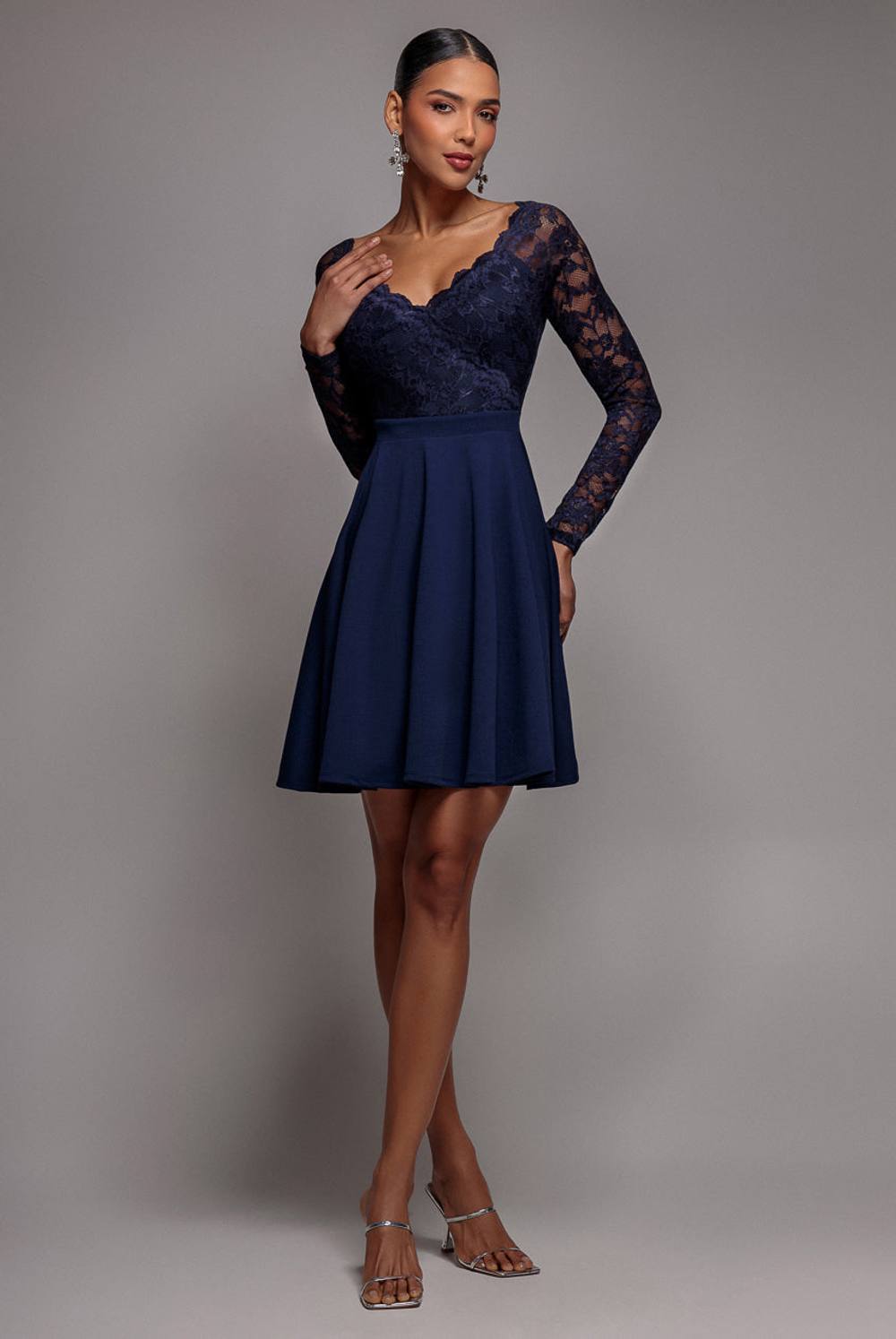 Goddiva Off The Shoulder Lace Skater Mini Dress In Navy