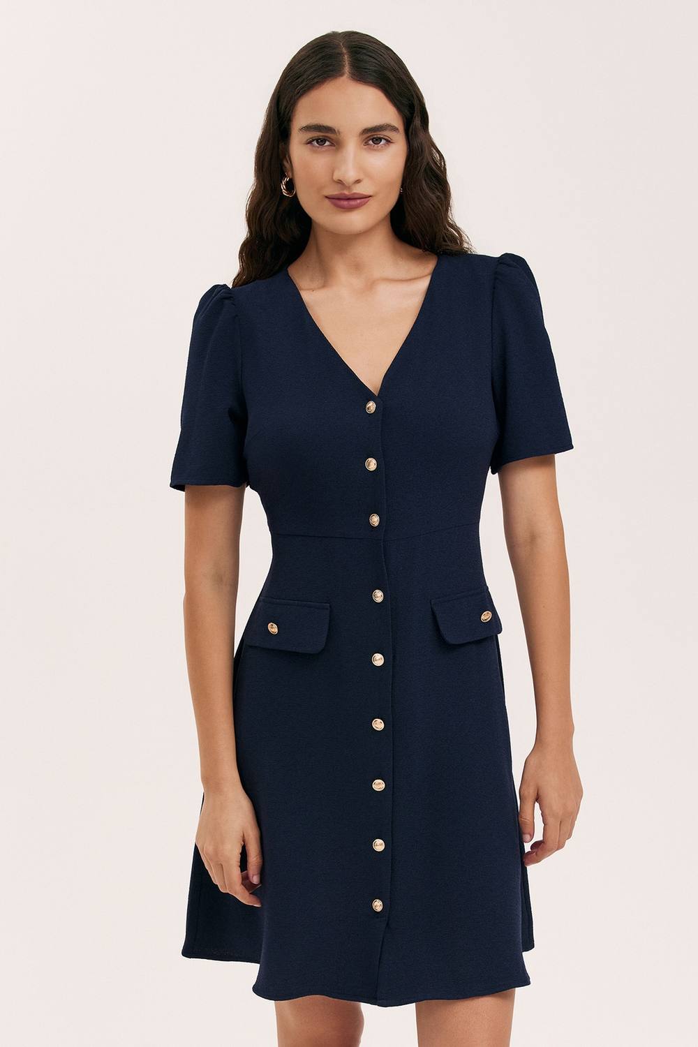 Finery London Lucille Crepe Button Front Mini Dress In Dark Navy