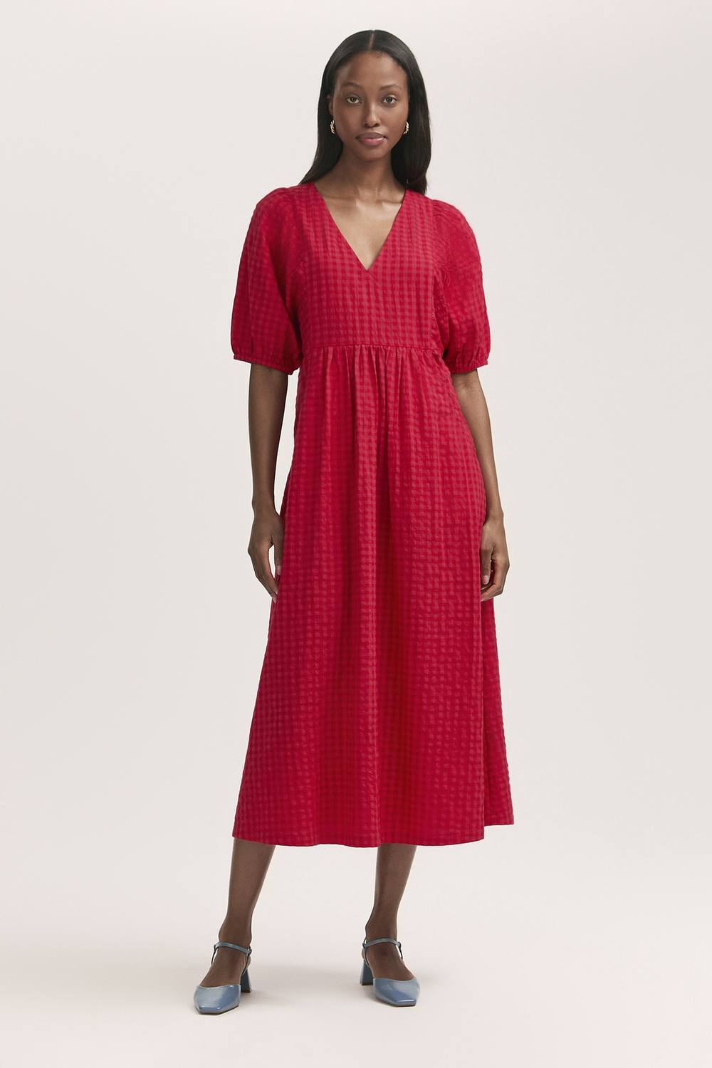 Finery London Gingham Seersucker Midi Dress In Red