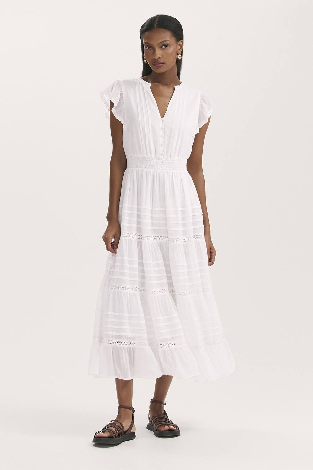 Finery London Jude Tiered Midi Dress In White