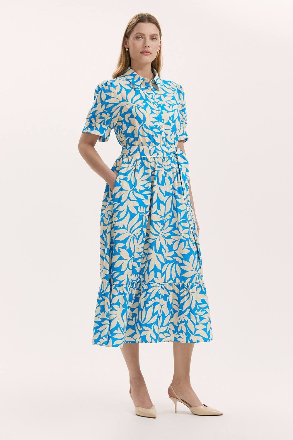 Finery London Liana Floral Midi Tiered Dress In Turquoise
