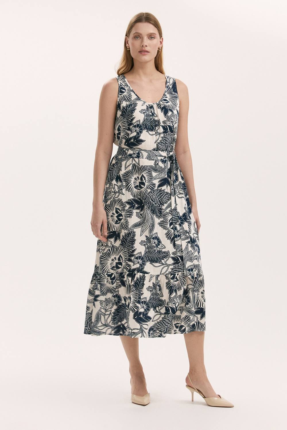 Finery London Marta Linen Blend Midi Dress In Mid Navy