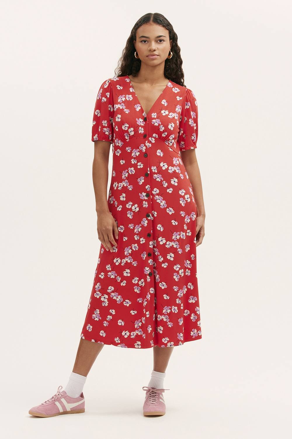 Finery London Milena Poppies Jersey Midi Dress In Red