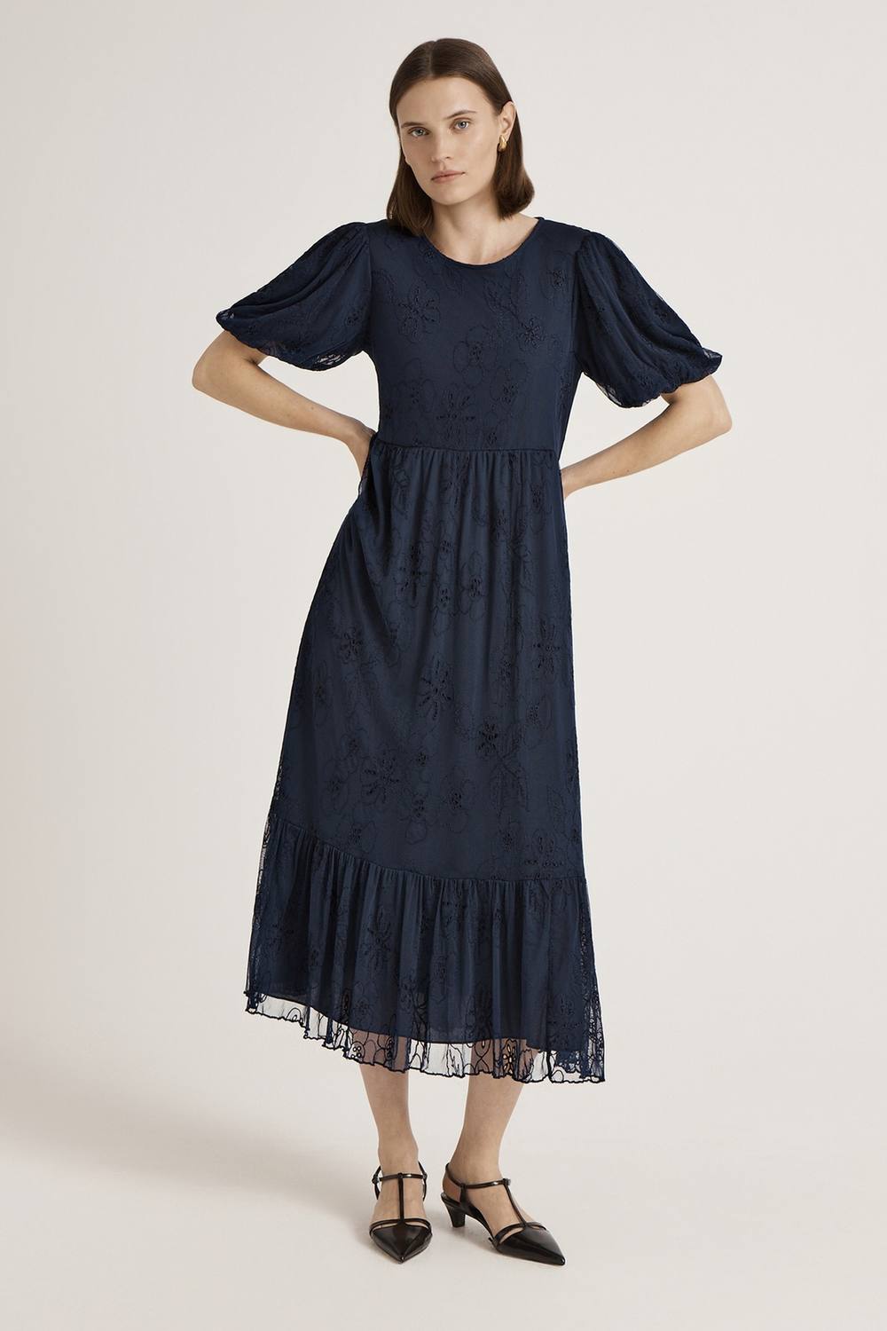Finery London Yasmine Floral Mesh Tiered Midi Dress In Dark Navy