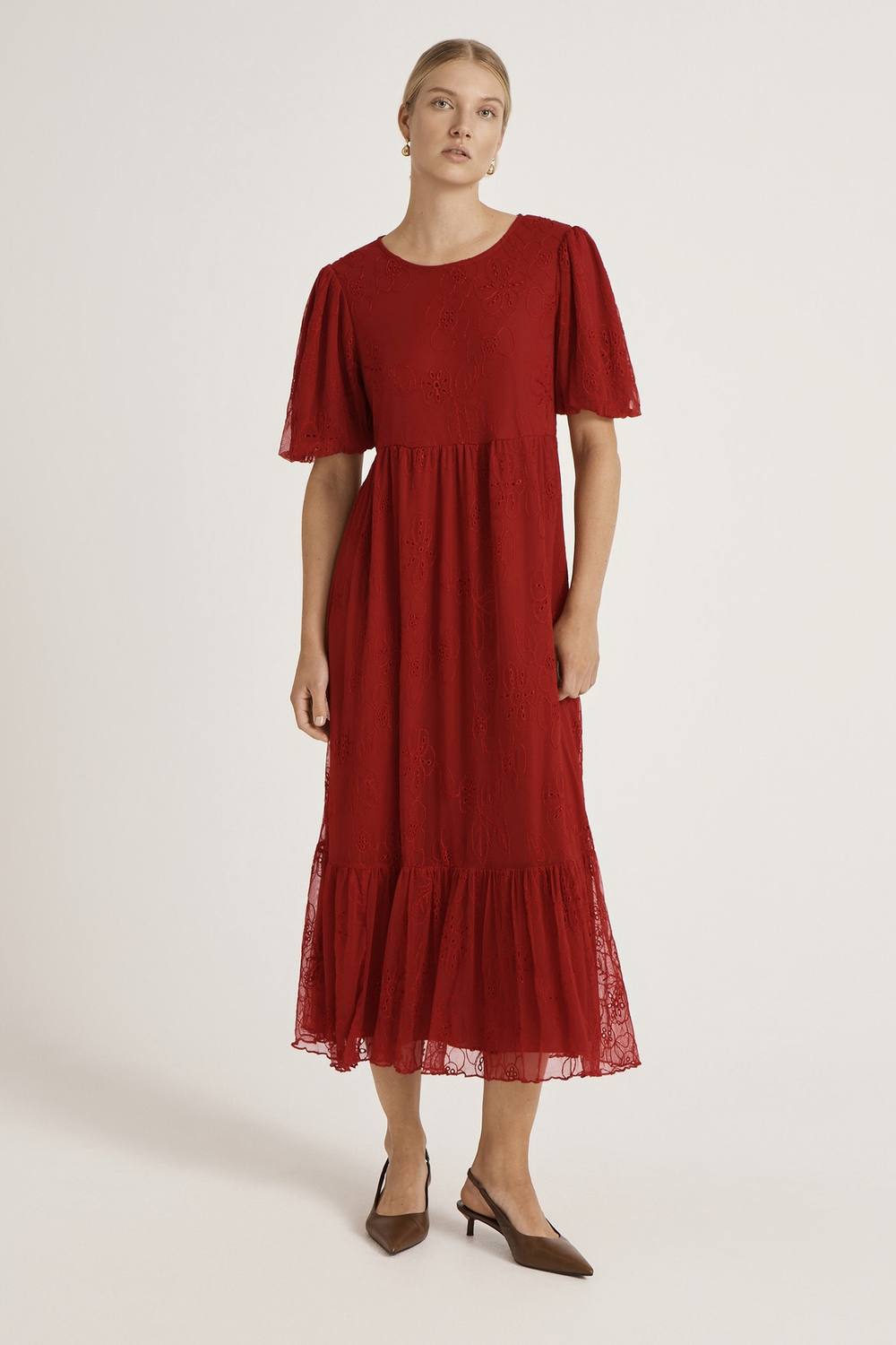 Finery London Yasmine Floral Mesh Tiered Midi Dress In Dark Red