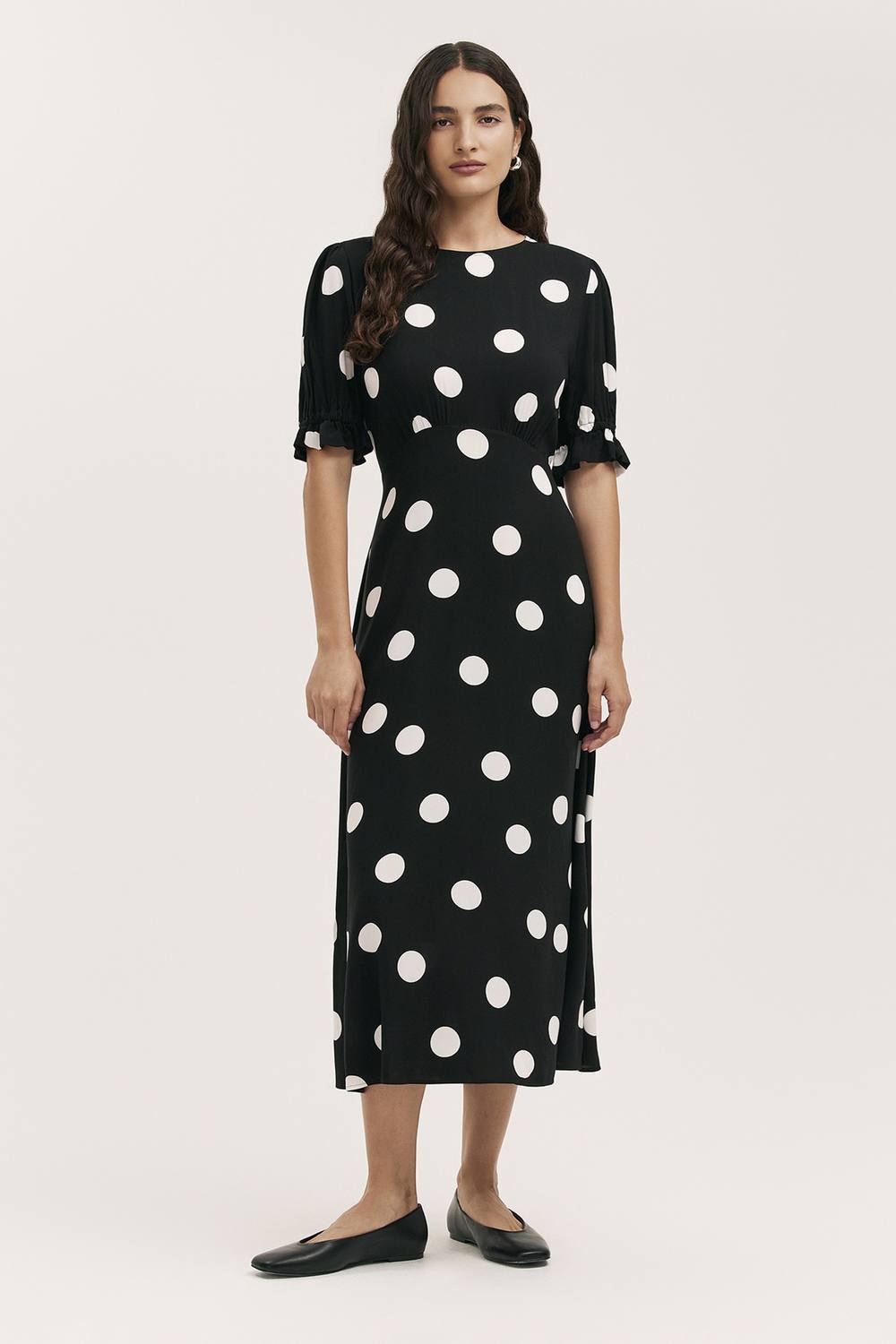 Finery London Mela Polka Dot Midi Tea Dress In Black