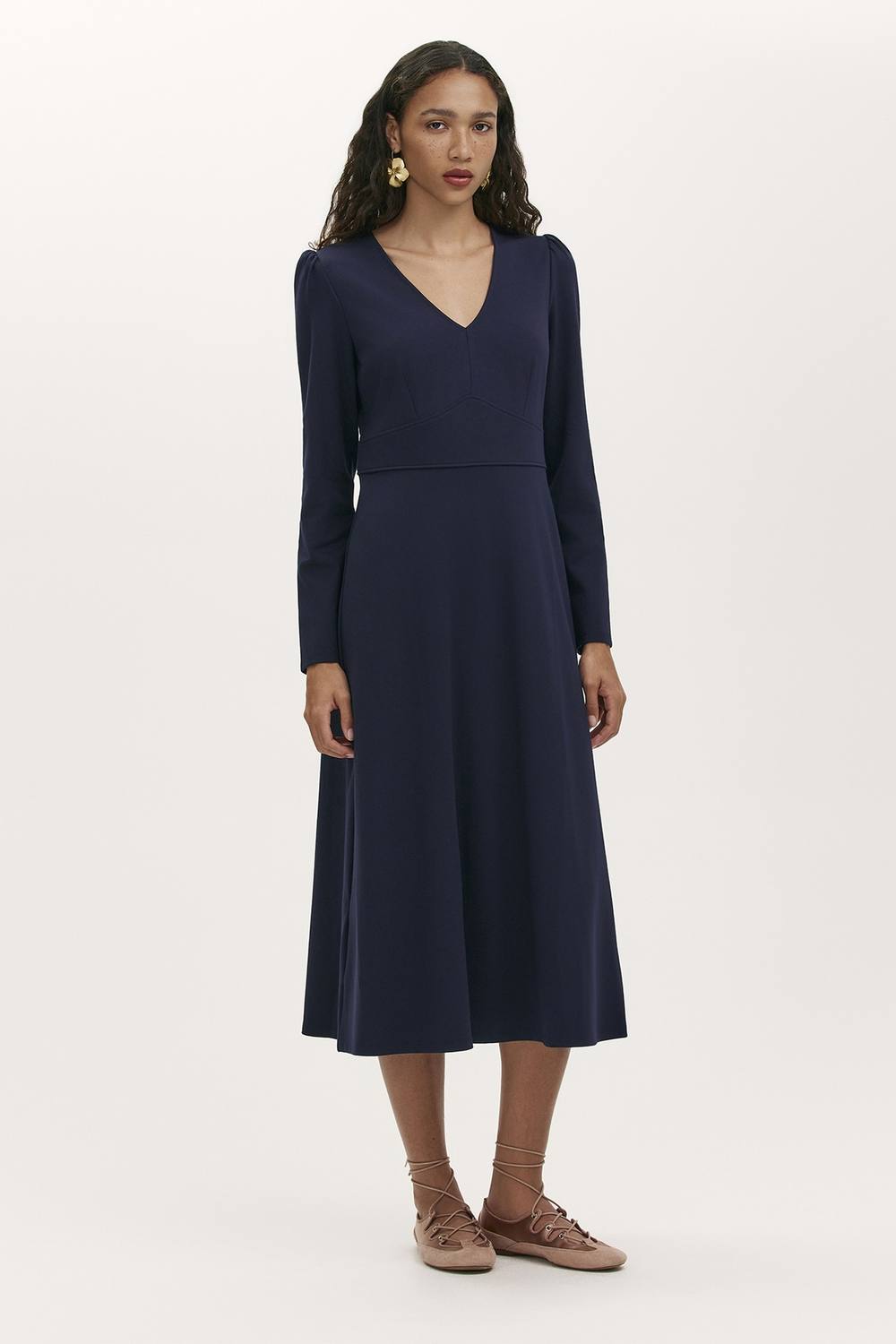 Finery London Seraphina Ponte Jersey V Neck Midi Dress In Navy