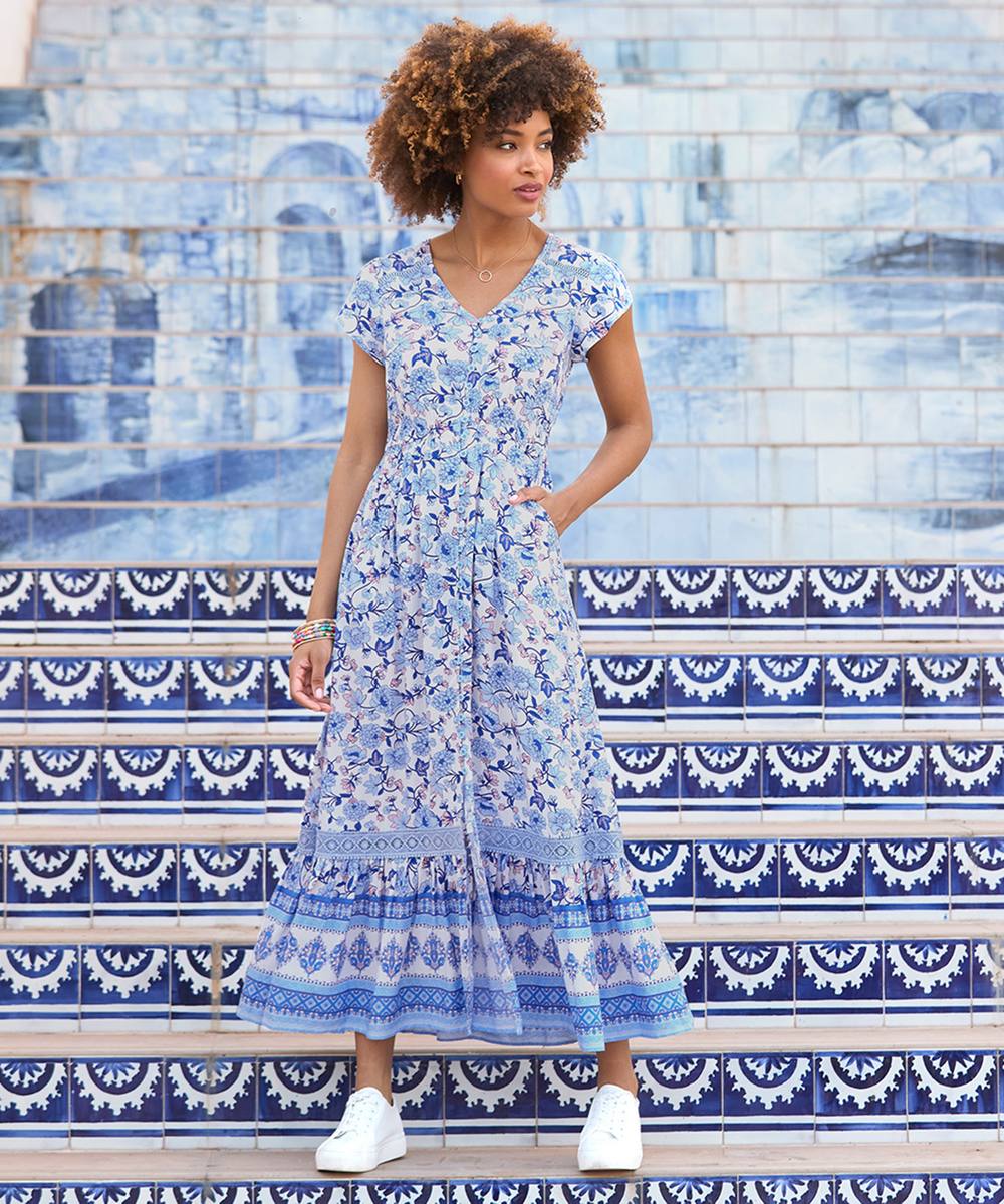 Joe Browns Floral Print Lace Trim Maxi Dress In Blue