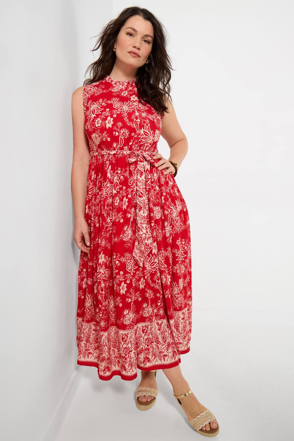 Joe Browns Floral Maxi Dress With Ruffle Collar And Border Print In Red