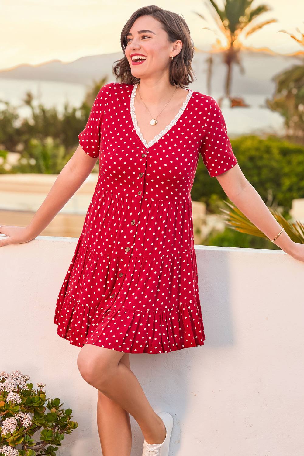 Joe Browns Spot Print Jersey Tunic Dress With Lace Trim And Tiered Skirt