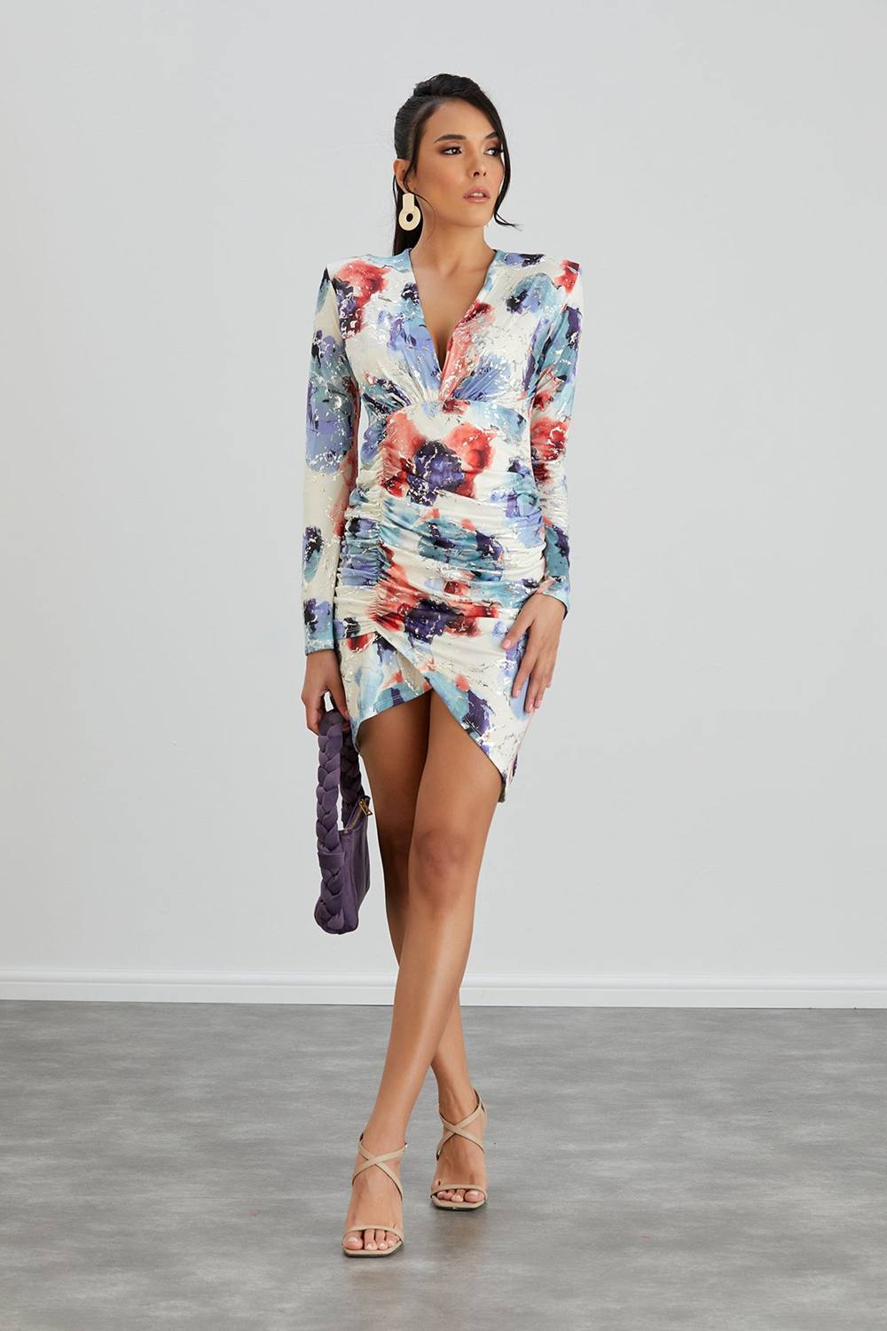 Belissh Women's Silk Blue Long Sleeve Mini Dress