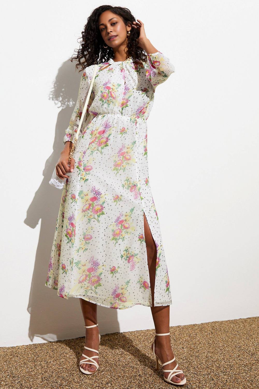 Cutie London Knot Neck Floral Ditsy Dot Dress In White